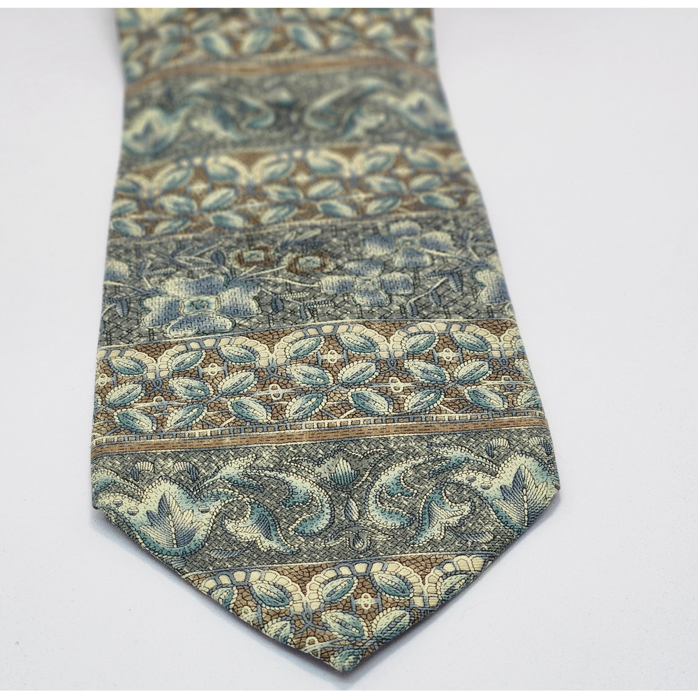 Bill Blass 100% Silk Tie Blue Tan Paisley Floral Stripe 60” x 3.75” Mexico